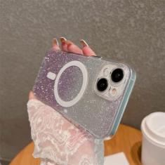 Imagem de Gradiente glitter casos magnéticos caso de carga sem fio para iphone 14 13 12 11 pro max xr x xs max 7 8 plus capa transparente, roxo, para iphone 12