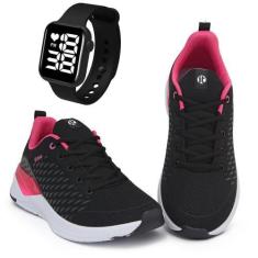 Imagem de Kit Tênis Esportivo It Shoes Feminino + Relógio Digital, Preto, Rosa, 