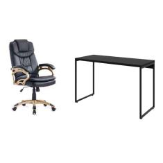 Imagem de conjunto de mesa studio 120 cm com cadeira de escritório presidente giratória com relax clark preta e dourada