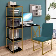 Imagem de Kit Escritório Mesa Max BeX 5 Prateleiras e Cadeira Stan Dourado Tampo Preto Suede Azul Turquesa - Ahz Móveis