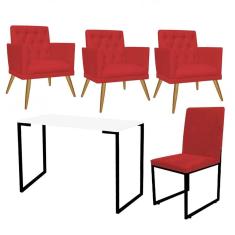 Imagem de Kit Escritório Stan 3 Poltronas Maria com Cadeira e Mesa Industrial Branco Preto Suede Vermelho - Ahz Móveis
