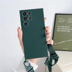 Imagem de Capa de silicone líquido com alça de colar crossbody para Samsung S23 S22 Ultra S21 Plus S20FE A52 A72 A22 A32 Candy Color Cover, verde escuro, para S22 Ultra