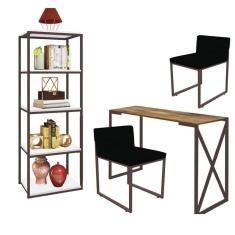 Imagem de Kit Escritório Bex 2 Cadeiras Sintético Preto com 1 Mesa e 1 Livreiro Ferro Marrom MDF Caramelo - Ahazzo Móveis