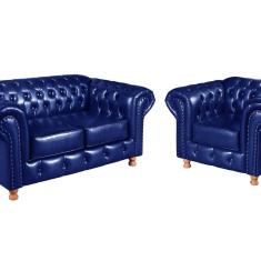 Imagem de Conjunto Sofá 2 Lugares e Poltrona Luis XV Chesterfield Vintage Azul