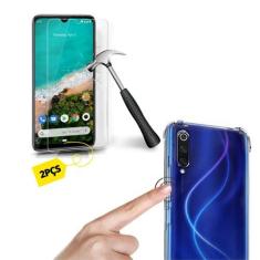Imagem de Kit Capinha Celular Antichoque Compatível Xiaomi Mi A3 + 2 Películas Vidro (Não Cobre Bordas Curvas do Aparelho)