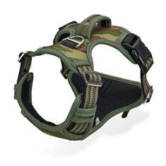 Imagem de Peitoral para cães grandes, sem puxão, com alça, 2 clipes de coleira de metal, peitoral refletivo ajustável, respirável camuflado, oxford, acolchoado, clipe frontal de fácil controle para cães médios