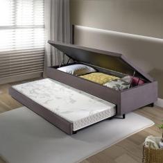 Imagem de Bicama Box Com Baú Solteirão 96x203 com Colchão Auxiliar Suede Cinza