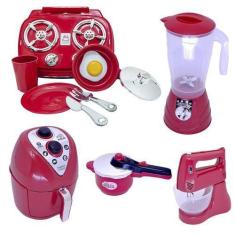 Imagem de Kit Cozinha Vermelho Brinquedo Infantil Air Fryer Fogão 10Pç - Altimar