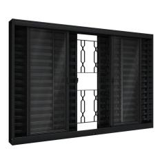 Imagem de Janela de Aço Veneziana de Correr Central com Grade Mosaico 6 Folhas 100x100cm Aço Pronto Riobras Preto