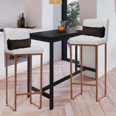 Imagem de Kit 02 Banqueta Alta com Encosto Lucca Industrial Cozinha Balcão Ferro Bronze Sintético Branco e Almofada Marrom - Ahazzo Móveis