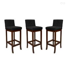 Imagem de Kit 3 Banquetas Alta para Bancada de Cozinha Tóquio Madeira Maciça Matelassê Suede Preto CCS