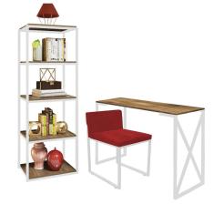Imagem de Kit Escritório Bex 1 Cadeira Suede Vermelho com 1 Mesa e 1 Livreiro Ferro Branco MDF Caramelo - Ahazzo Móveis