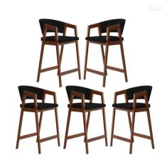 Imagem de Kit 5 Banquetas Alta com Encosto Ravena Madeira Maciça Maciça Pinhão Suede Preto CCS