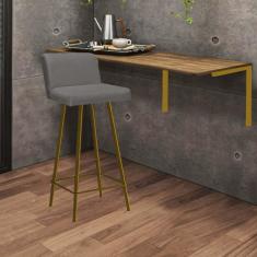 Imagem de Kit Mesa Suspensa de Parede Fixa MDF Carvalho + 1 Banqueta Lexi Ferro Dourado Corino Cinza - Ahazzo Móveis