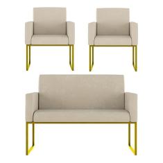 Imagem de Kit Sofá 2 Lugares + 2 Poltronas Recepção Sala Base Dourada Cor:amarelo Amarelo