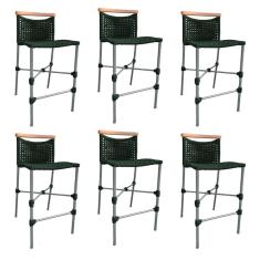 Imagem de Kit 6 Banquetas Anne em Corda Náutica Base em Alumínio Cinza com Detalhe em Madeira Verde Musgo