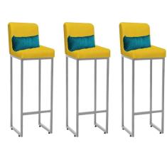 Imagem de Kit 03 Banqueta Alta com Encosto Lucca Industrial Cozinha Balcão Ferro Cinza Suede Amarelo e Almofada Azul Turquesa - Ahazzo Móveis