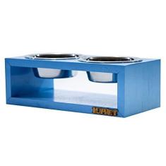 Imagem de Comedouro Duplo De Madeira Com Potes Inox Para Gatos E Cachorros Azul
