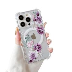 Imagem de DEFBSC Capa magnética para iPhone 14 Pro Max [Funciona com Magsafe] Design de impressão de padrão floral claro com estampa de flores capa de acrílico flexível à prova de choque para mulheres meninas,