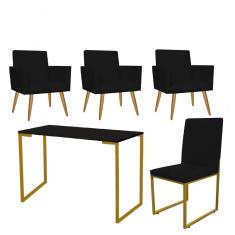 Imagem de Kit Escritório Stan 3 Poltronas com Cadeira e Mesa Industrial Tampo Preto Dourado Corino Preto - Ahz Móveis