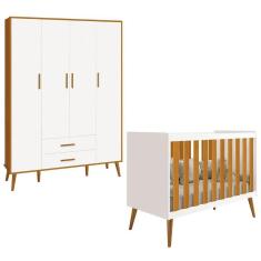 Imagem de Berço Americano 2 em 1 e Guarda Roupa Isis Retrô 4 Portas 2 Gavetas Branco Fosco/ Savana Fosco - Reller