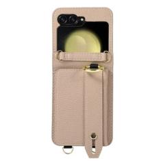 Imagem de Capa de telefone com cordão crossbody para Samsung Galaxy Z Flip 5 4 3 Flip5 Flip4 Flip3 5G Suporte para cartão com alça de ombro capa de couro, cáqui, para Galaxy Z Flip4