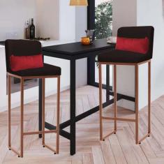 Imagem de Kit 02 Banqueta Alta com Encosto Lucca Industrial Cozinha Balcão Ferro Bronze Sintético Marrom e Almofada Vermelho - Ahazzo Móveis