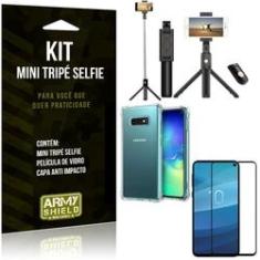 Imagem de Kit Mini Tripé Selfie Galaxy S10e + Capa Anti + Película Vidro - Armyshield