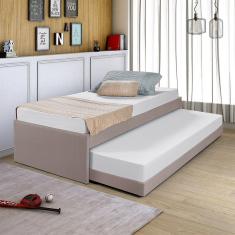 Imagem de Cama Solteiro Com Auxiliar Em Madeira Maciça Bianca Revestida Tecido Pavia Bege - Bege