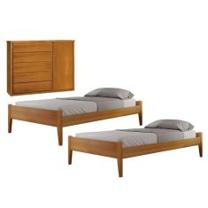 Imagem de Conjunto Quarto de Solteiro Madeira Maciça com 2 Camas e Cômoda 5 Gavetas com Sapateira Unique Amêndoa Mel