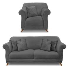 Imagem de Kit Poltrona E Sofá Living 2 Lugares 1,60M Vênus Suede Cinza Pés Casta
