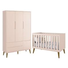 Imagem de Jogo De Quarto Infantil Theo Retrô Guarda Roupa 3 Portas E Berço Rosa