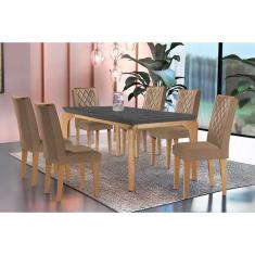 Imagem de Mesa de Sala Jantar Londrina c/ Tampo Madeirado Vidro Canto Curvo 180x90cm e 6 cadeiras Jade Imbuia/Grafite - Suede Capuccino - Rufato