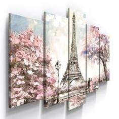 Imagem de Conjunto 5 Quadros Decorativos Mosaico Caixa Alta Paris Torre Eiffel França Romantico Arvore Floral Florido Primavera Aquarela Sala Quarto