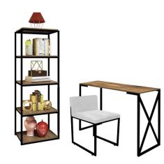 Imagem de Kit Escritório Bex 1 Cadeira Sintético Branco com 1 Mesa e 1 Livreiro Ferro Preto MDF Caramelo - Ahazzo Móveis