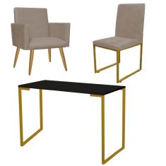 Imagem de Kit Escritório Stan Poltrona com Cadeira e Mesa Industrial Tampo Preto Dourado Tecido Sintético Bege - Ahz Móveis