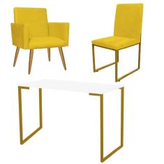 Imagem de Kit Escritório Stan Poltrona com Cadeira e Mesa Industrial Tampo Branco Dourado Corino Amarelo - Ahz Móveis