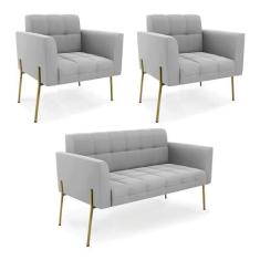 Imagem de Sofá Namoradeira e 2 Poltronas Pé de Ferro Dourado Elisa Suede Cinza D03 - D'Rossi