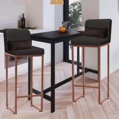 Imagem de Kit 02 Banqueta Alta com Encosto Lucca Industrial Cozinha Balcão Ferro Bronze Sintético Cinza e Almofada Marrom - Ahazzo Móveis