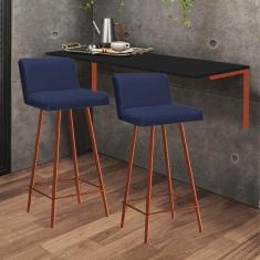 Imagem de Kit Mesa Suspensa de Parede Fixa MDF Preto + 2 Banquetas Lexi Ferro Bronze Corino Azul Marinho - Ahazzo Móveis