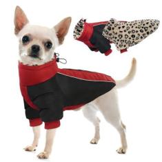 Imagem de IDOMIK Casaco quente de inverno para cães, casaco reversível para cães com forro de lã de leopardo, jaqueta de inverno para cães de gola alta à prova d'água, refletiva para clima frio, roupa de neve