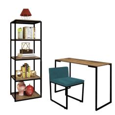 Imagem de Kit Escritório Ravi 1 Cadeira Suede Azul Turquesa com 1 Mesa e 1 Livreiro Ferro Preto MDF Rústico - Ahazzo Móveis