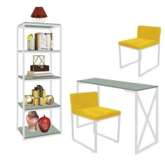 Imagem de Kit Escritório Bex 2 Cadeiras Suede Amarelo com 1 Mesa e 1 Livreiro Ferro Branco MDF Verde Oliva - Ahazzo Móveis