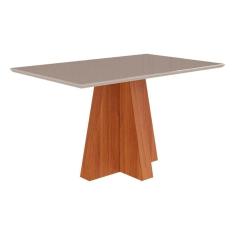 Imagem de Mesa p/ Cozinha Patricia c/ Tampo Madeirado c/ Vidro 130X80cm Cinamomo/Off White - Cimol