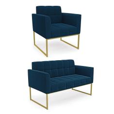 Imagem de Namoradeira e Poltrona Industrial Dourado Elisa Bouclê Azul D03 - D`Rossi