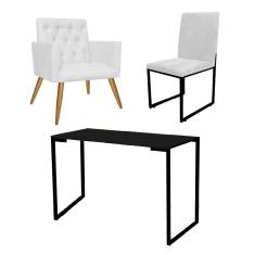 Imagem de Kit Escritório Stan Poltrona Capitonê com Cadeira e Mesa Industrial Tampo Preto Tecido Sintético Branco - Ahz Móveis