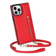 Imagem de Carteira com zíper e cordão para cartões estojo de couro para iPhone 14 Pro Max 13 12 Mini 11 X XR XS 7 8 Plus Alça tiracolo, vermelho, para iPhone 11