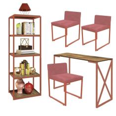 Imagem de Kit Escritório Bex 3 Cadeiras Suede Rose com 1 Mesa e 1 Livreiro Ferro Bronze MDF Carvalho - Ahazzo Móveis