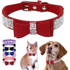 Imagem de Coleiras de cachorro pequenas para cadelas, lindo cristal de strass brilhante com gravata borboleta com glitter diamante gravata borboleta para filhotes de cachorro PP pequeno médio animal de