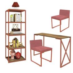 Imagem de Kit Escritório Bex 2 Cadeiras Suede Rose com 1 Mesa e 1 Livreiro Ferro Bronze MDF Caramelo - Ahazzo Móveis